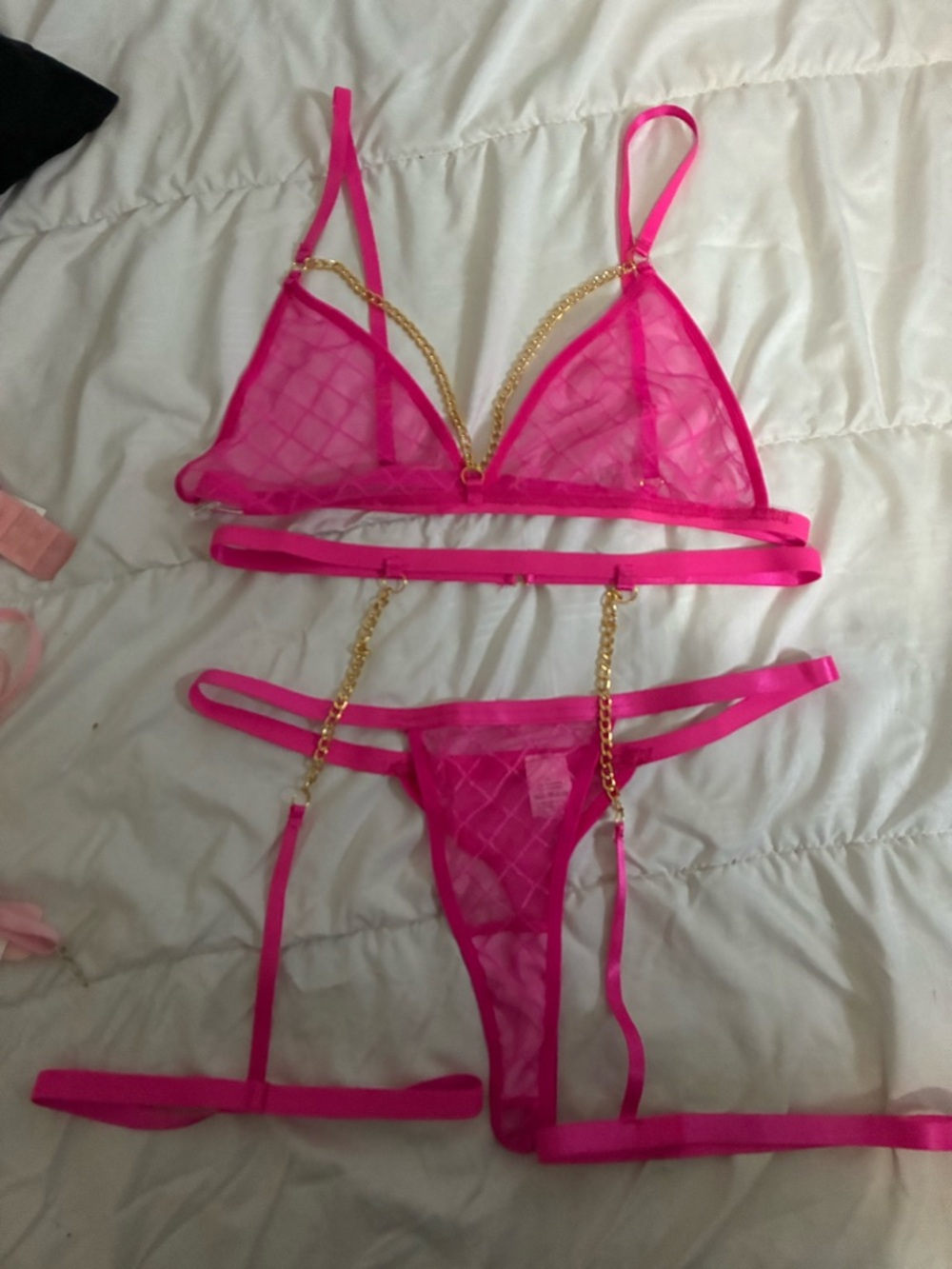🔥Hot Pink Sheer Lace Trim Chain Bralette & Garter Set